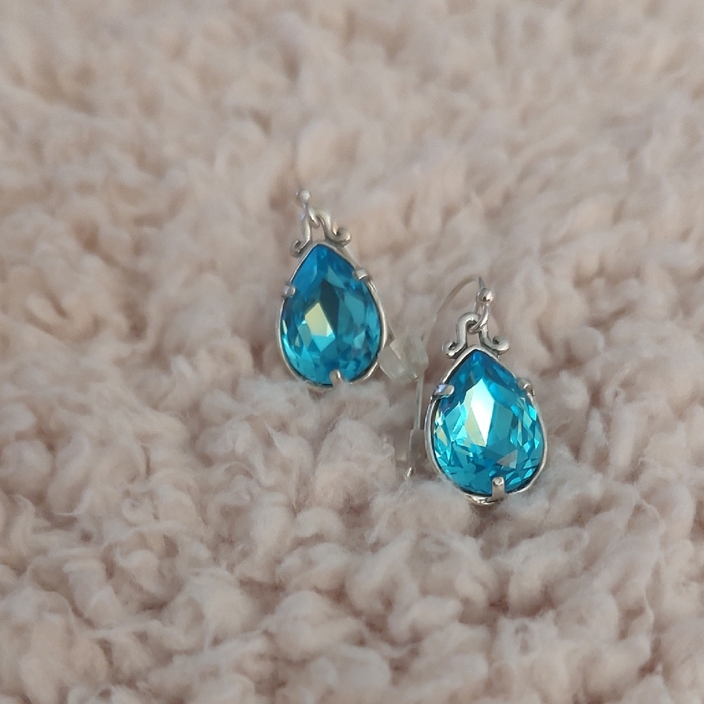 Elegant Teardrop Blue Topaz Sterling Silver Crystal Dangle Earrings